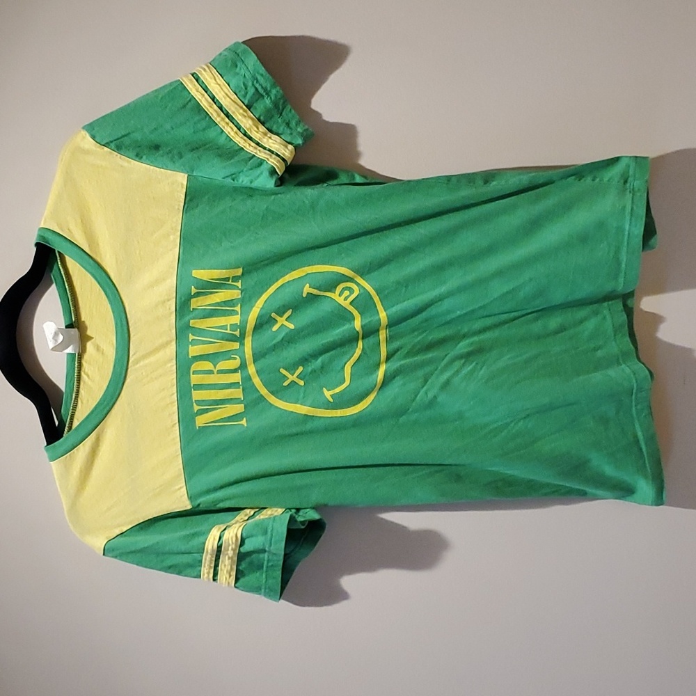 Juniors Nirvana Smiley Colorblock Ringer Tee - L